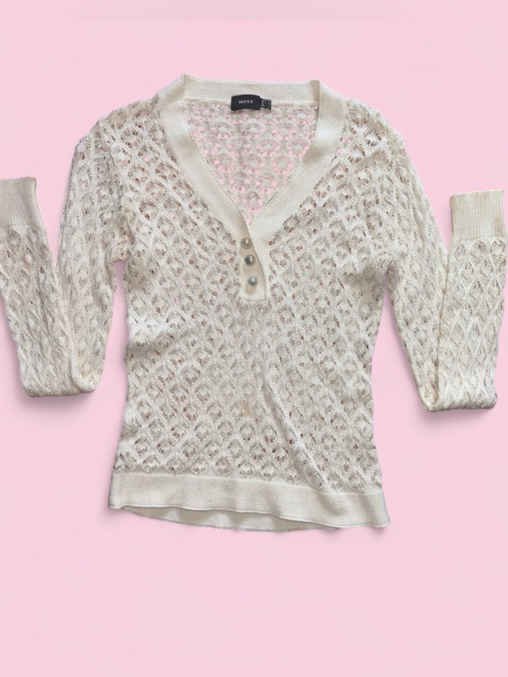 Mexx Cream Open-Knit V-Neck Sweater with Button Placket
